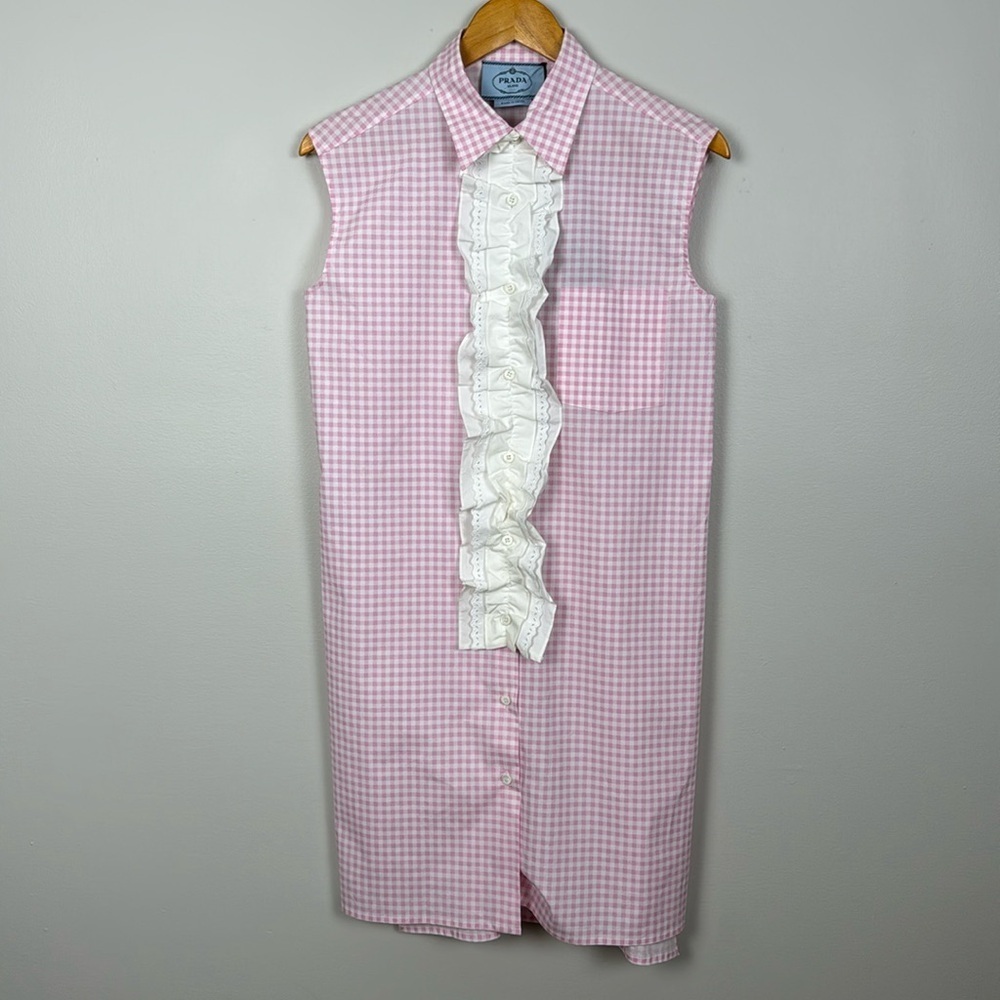 Prada Pink Gingham Midi Dress with White Ruffle Placket